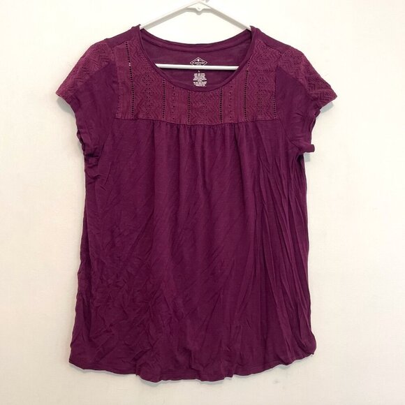 ST. JOHN'S BAY Plum Purple Geo Geometric Crochet Trim Boho Short Sleeve Blouse L - Picture 1 of 10